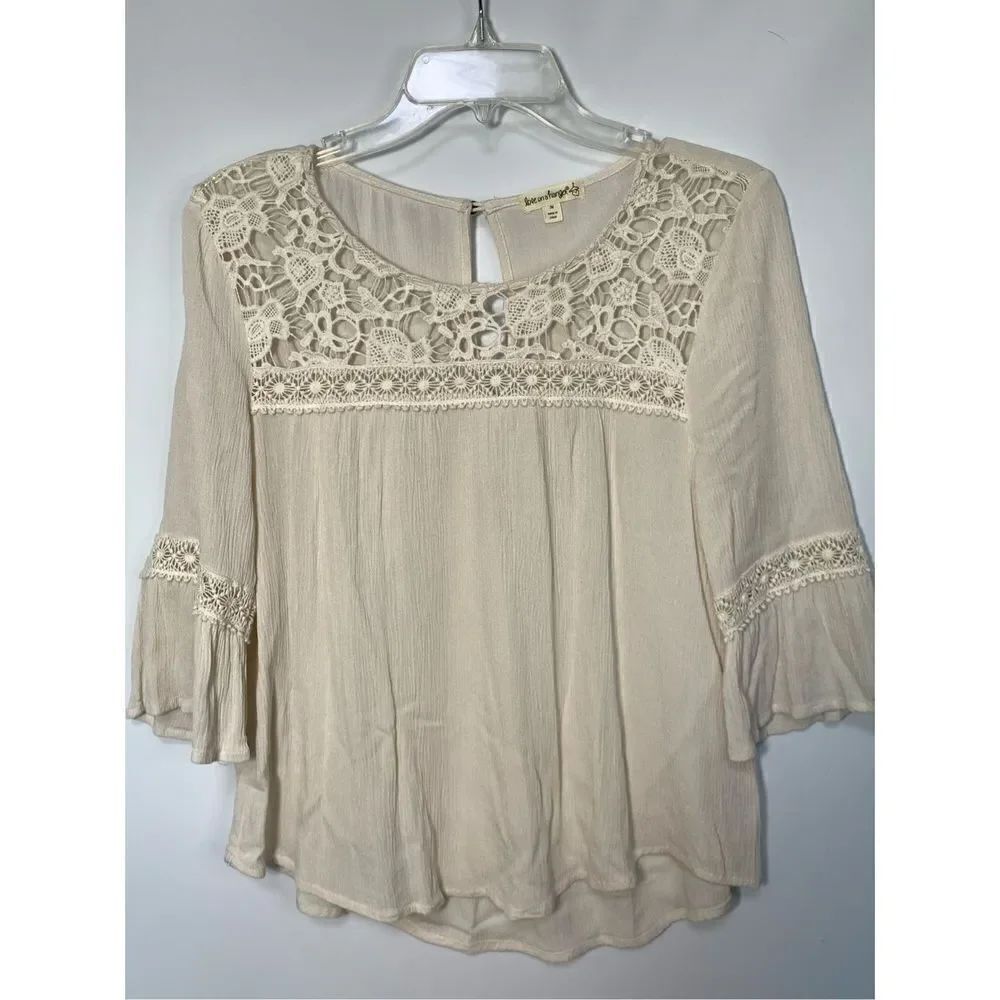 Love on a Hanger Women's Bell Sleeve Boho Rayon Lace Blouse Cream Medium